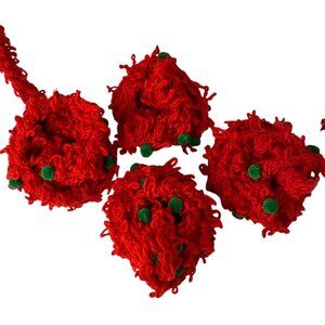 Handmade‎ Red Crochet Yarn Garlands Green Poms Christmas Decor Retro Country Lot